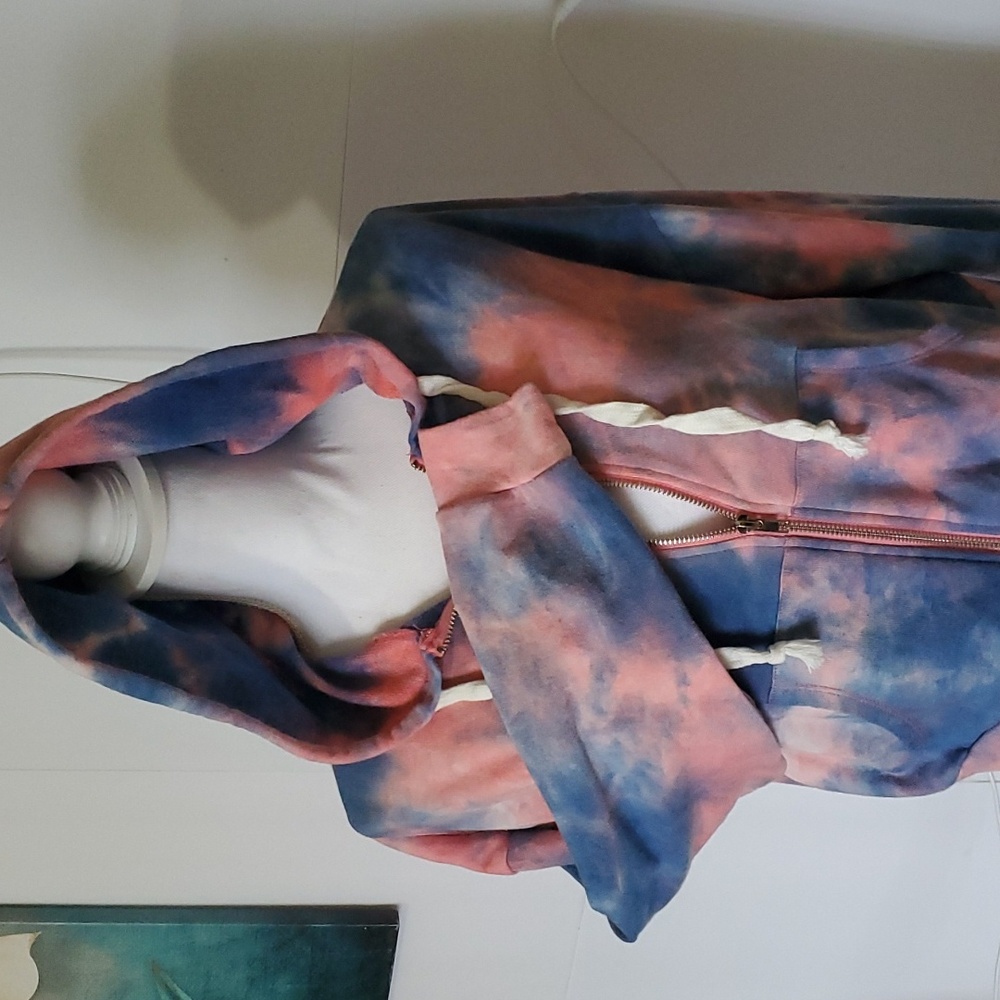 Women's Tie Dye Hoodie Sz S Brushed Waist Length Full Zip Adjustable Tie Neck